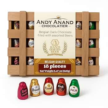 Andy Anand Chocolatier European Beer Flavored Dark Chocolate Bottles, Filled with Top-Shelf Beer, Gluten Free Assorted Flavors Chocolates, Packed in a Wooden Gift Box - 18 Pieces