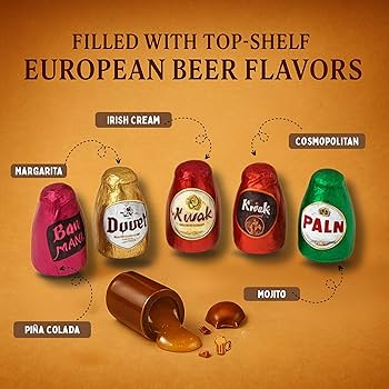 Andy Anand Chocolatier European Beer Flavored Dark Chocolate Bottles, Filled with Top-Shelf Beer, Gluten Free Assorted Flavors Chocolates, Packed in a Wooden Gift Box - 18 Pieces