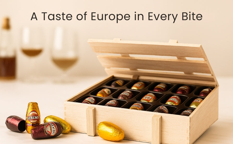 Andy Anand Chocolatier European Beer Flavored Dark Chocolate Bottles, Filled with Top-Shelf Beer, Gluten Free Assorted Flavors Chocolates, Packed in a Wooden Gift Box - 18 Pieces