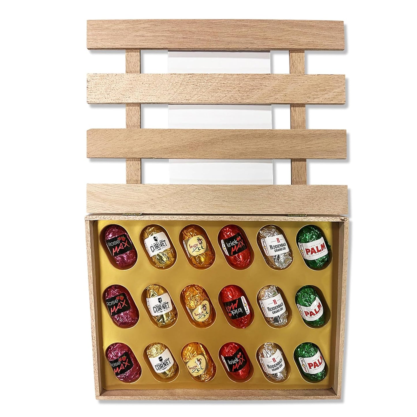 Andy Anand Chocolatier European Beer Flavored Dark Chocolate Bottles, Filled with Top-Shelf Beer, Gluten Free Assorted Flavors Chocolates, Packed in a Wooden Gift Box - 18 Pieces