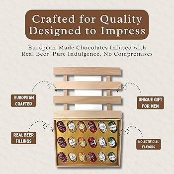 Andy Anand Chocolatier European Beer Flavored Dark Chocolate Bottles, Filled with Top-Shelf Beer, Gluten Free Assorted Flavors Chocolates, Packed in a Wooden Gift Box - 18 Pieces