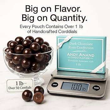 Andy Anand Chocolatier Rum Cordials European Dark Chocolate Confection - Handcrafted Rum Flavored Chocolate Balls, Delicious and Decadent Chocolate Gift Box - 1 lb