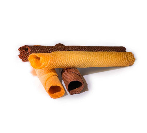 Four waffle- or wafer-rolled snack sticks in assorted brown and orange tones, arranged on a plain white background.