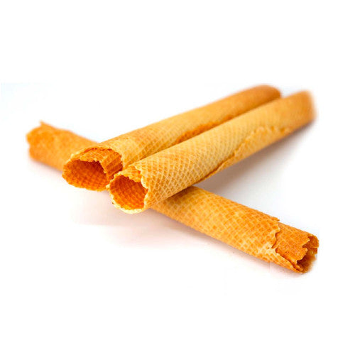 Three golden-brown waffle cone wafer sticks arranged diagonally on a clean white background.