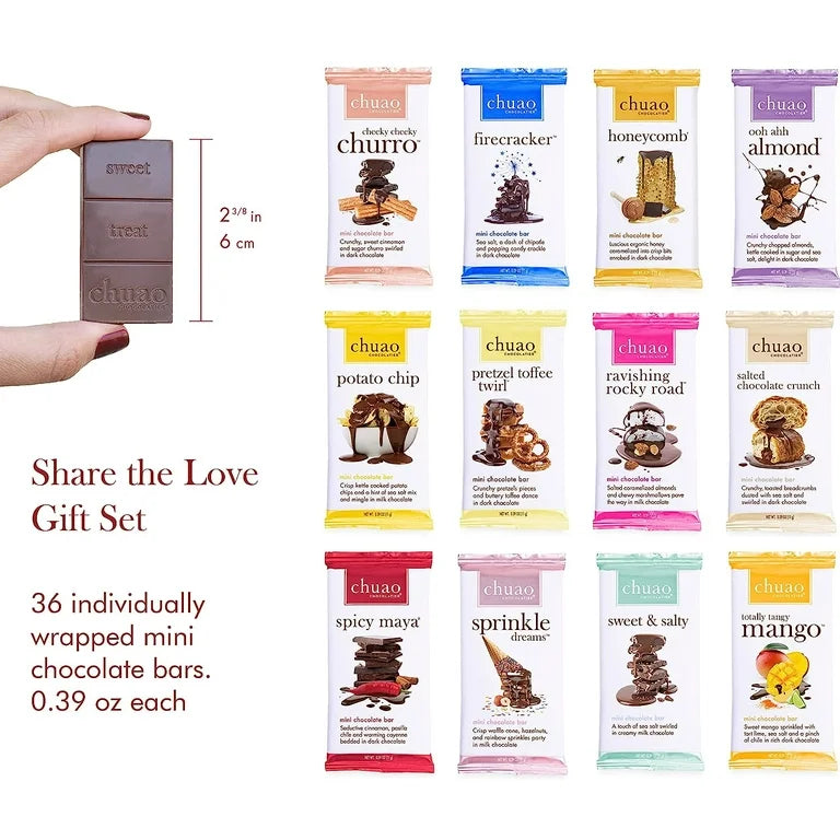 Chuao Chocolatier Share the Love Assorted Milk and Dark Mini Gourmet Chocolate Bars Gift Box Sampler - 36 Bars