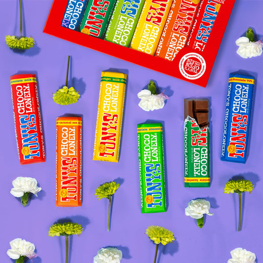 Tony's Chocolonely Chocolate Bar Variety Pack - Milk, Dark, Nougat, Caramel, Hazelnut, Almond & Sea Salt - includes 6