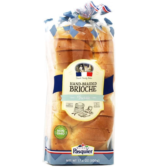 A package of Pasquier Family Farms Hand Braided Brioche Rolls, packaged in a clear plastic bag with a blue and cream label and tied with a blue, white, and red bow at the top, on a white background.