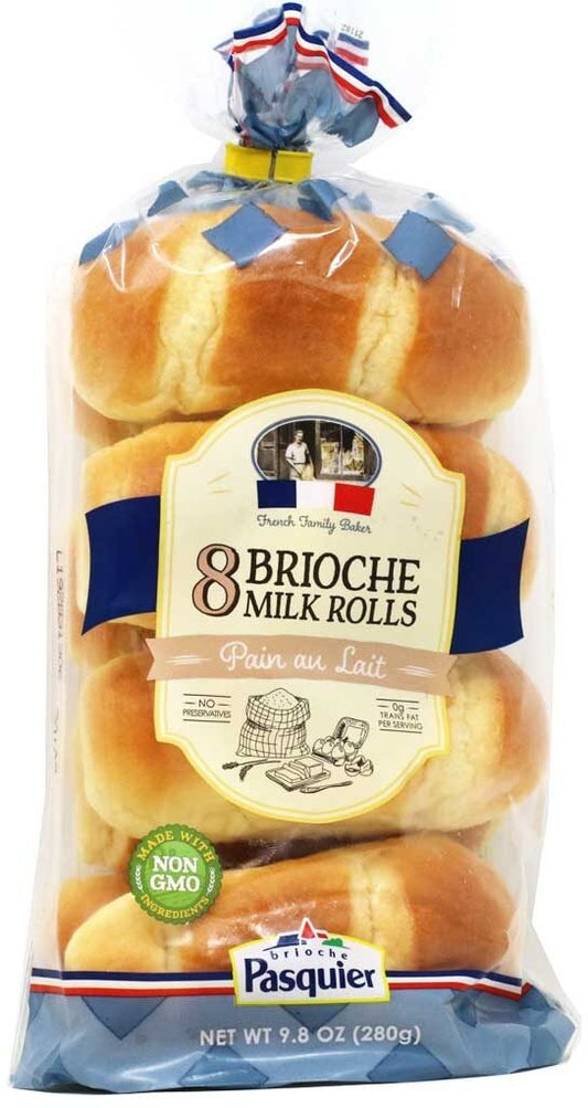 A package of 8 Brioche Milk Rolls by French Family Bakers, packaged in a clear plastic bag with a decorative paper top and a central cream-colored label featuring a French flag.