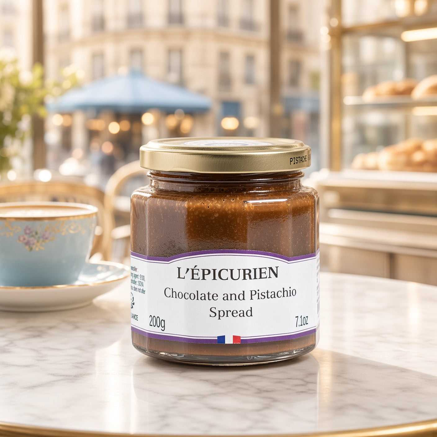 A jar of L'Épicurien Chocolate and Pistachio Spread sits on a marble table in a cafe setting, with a blurred background showing a cup and interior details.