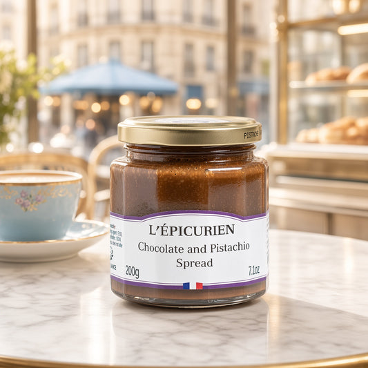 A jar of L'Épicurien Chocolate and Pistachio Spread sits on a marble table in a cafe setting, with a blurred background showing a cup and interior details.