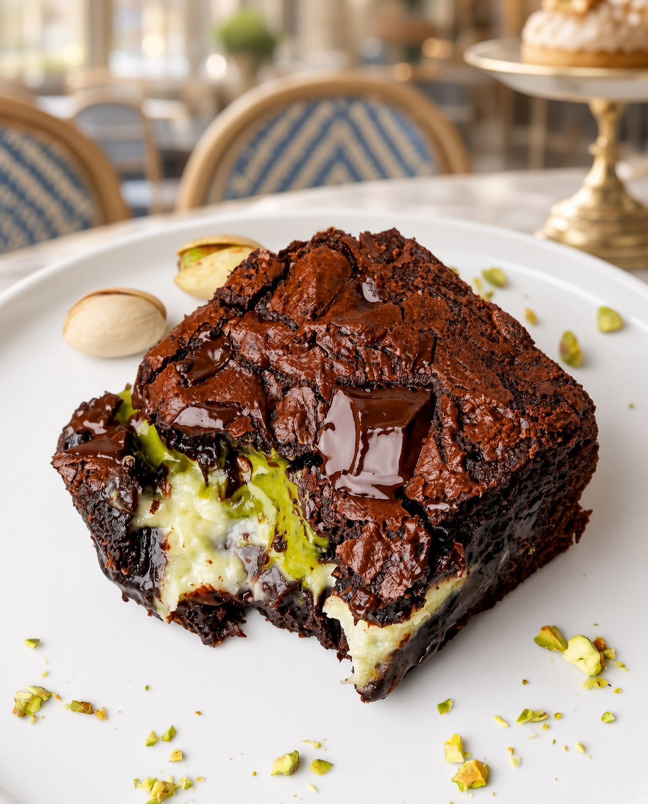 A close-up of a rich chocolate brownie with a pistachio cream filling, topped with chocolate drizzle and chocolate chips, served on a white plate with pistachio pieces in a softly blurred cafe setting.