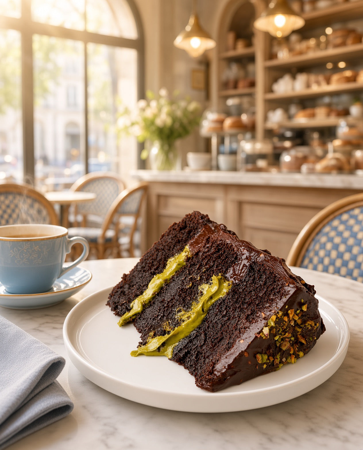 A slice of layered chocolate cake with green cream filling and pistachio crumbs, served on a white plate at a cafe table with a blue teacup and a softly blurred interior background.