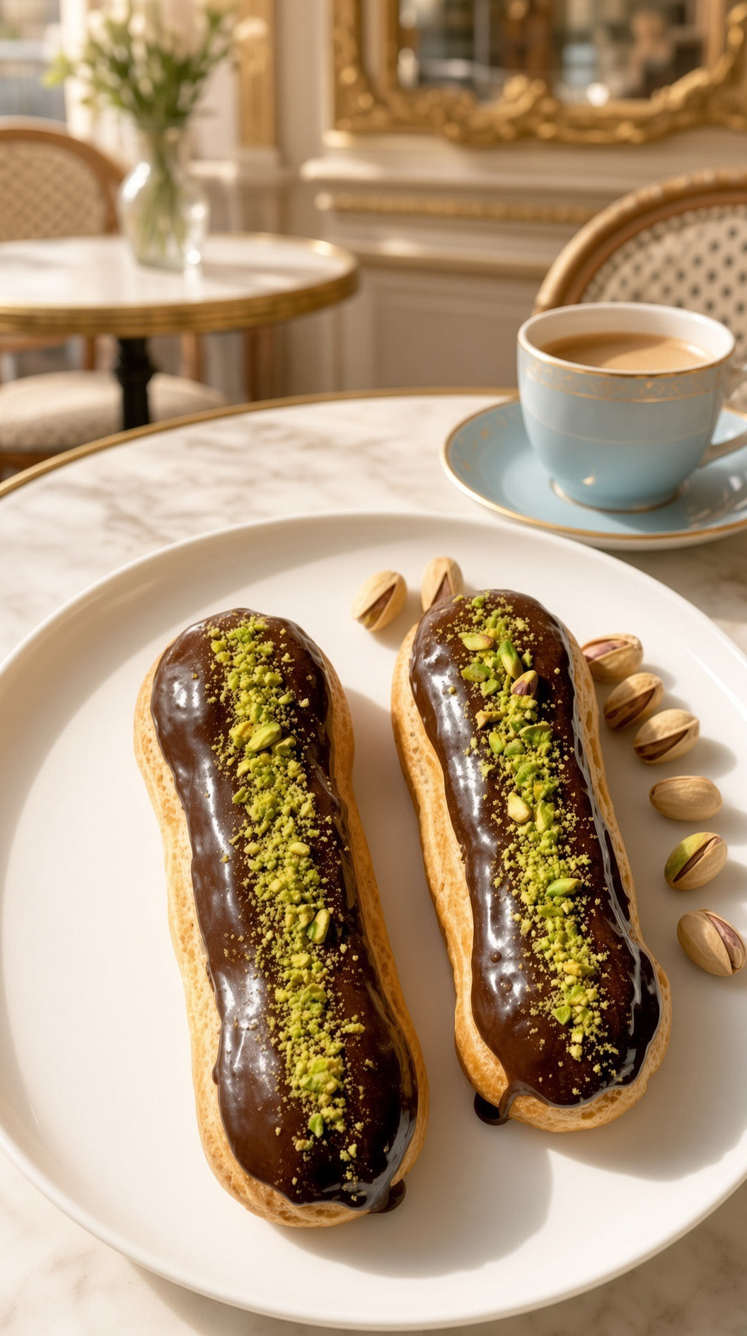 Two chocolate éclairs topped with green pistachio crumbs on a white plate, set on a marble table next to a cup of coffee in a cafe setting.