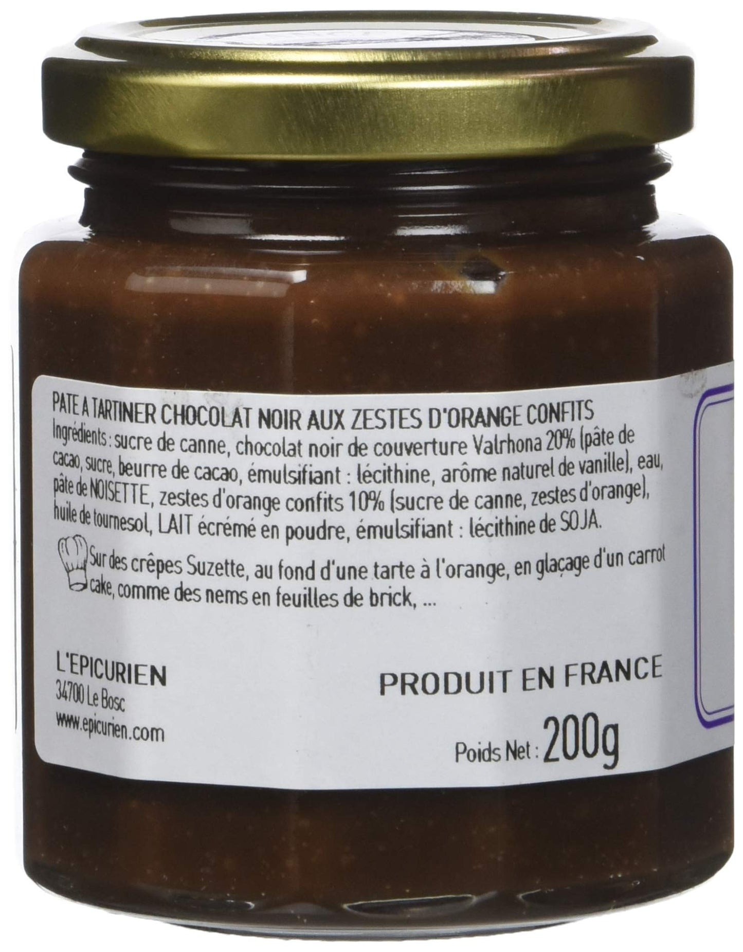 A 200g jar of L'Epicerien orange confit chocolate spread, showing the back of the packaging with product details and ingredients in French.