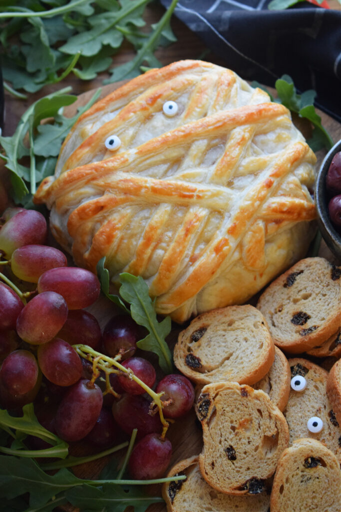 Halloween Baked Brie En Croûte Mummy with Pumpkin or Ghost Bamboo Serving Tray - Cranberry, Orange & Pecans, Serves 6 - 8