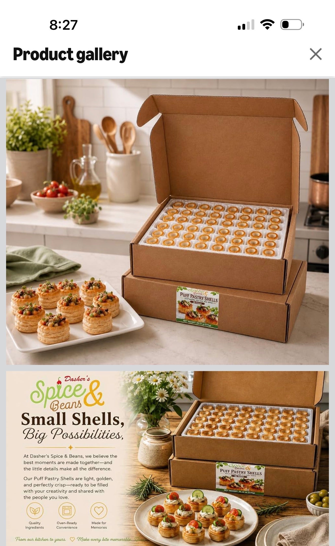 A product gallery page showing multiple open cardboard boxes filled with small baked shells or pastries, alongside plated appetizers and a branded product panel that reads 'The Spice & Bean Small Shells, Big Possibilities.' The scene is styled in a kitchen setting with countertop props and food decor.