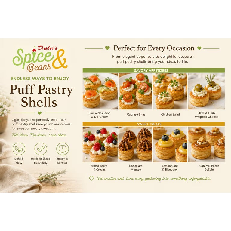 Promotional graphic for Dasher's Spice & Beans Puff Pastry Shells, featuring the brand logo, descriptive text, and a grid of various filled puff pastry appetizers and desserts on a light beige background.