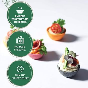 Small bowls with appetizers on a white background, featuring icons and text about food handling.