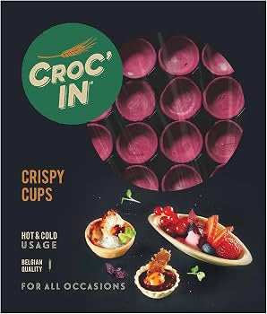 Croc'in Crispy Cups packaging featuring a dark background with a green logo, pink crocodile-shaped cups, and small food serving suggestions.