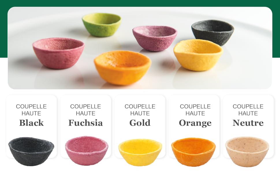 A set of small textured ceramic cups in multiple colors including green, pink, purple, yellow, orange, and neutral, shown with French labels below indicating color options.