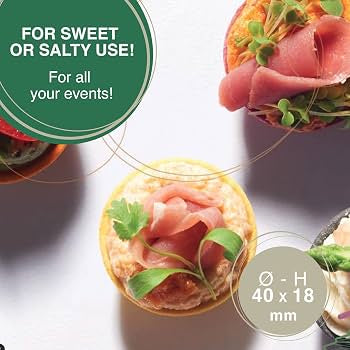 A close-up of a small appetizer or sandwich topped with pink sliced meat, green microgreens, and a drizzle of sauce on a white surface. A green circular callout reads 'FOR SWEET OR SALTY USE! For all your events!' and a gray circle notes 'Ø - H 40 x 18 mm'.