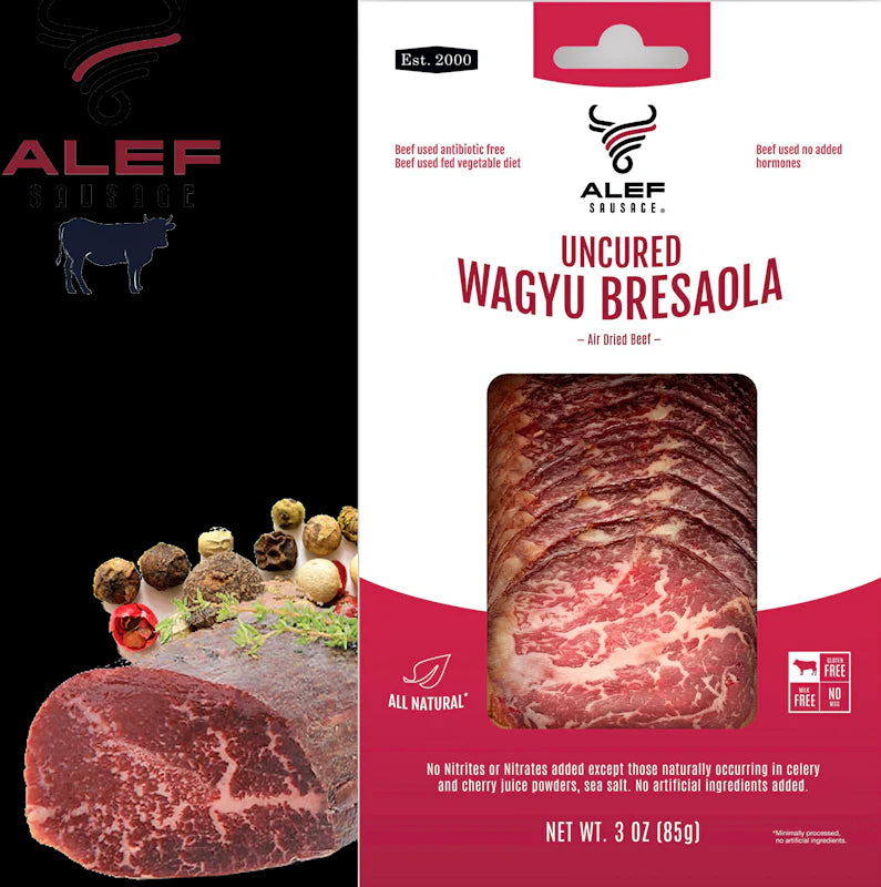 Alef All Natural Uncured Wagyu Bresaola – Premium Italian Salumi, 4-Month Aged, Artisan-Crafted, Gluten-Free, Handmade, Hormone- & Antibiotic-Free, Nitrite-Free, Air-Dried Wagyu Beef Charcuterie, 3 oz