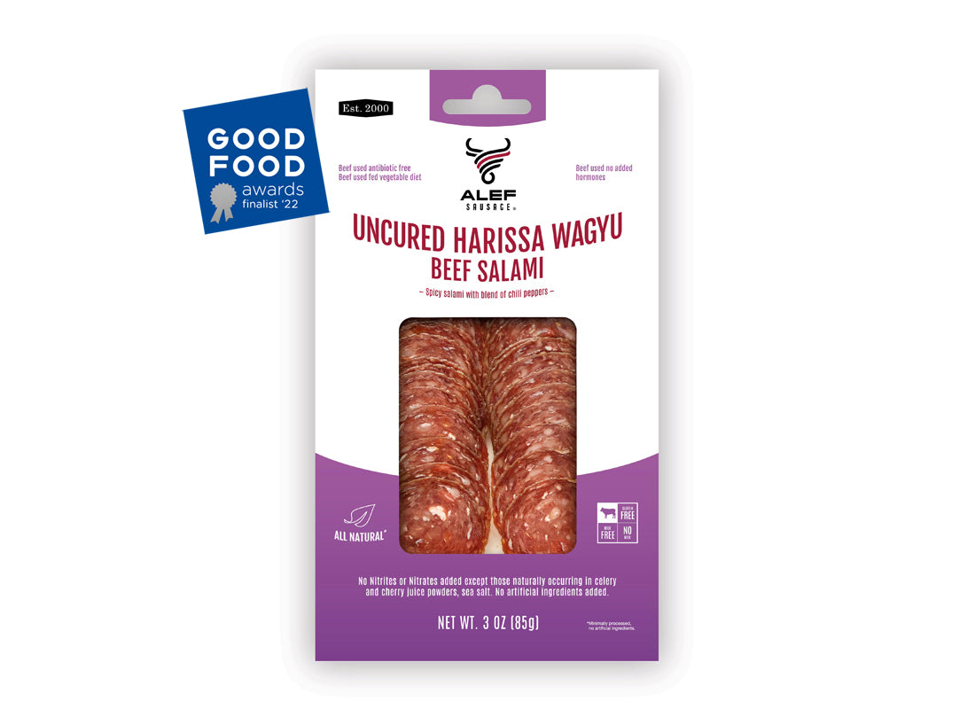 Alef Premium Uncured All Natural Grass Fed Harissa Wagyu Dry Sliced Salami Gourmet - Artisanal Charcuterie Meat Gluten Free, Paleo, Keto Friendly, MSG Free, Nitrite And Antibiotic Free - 3 oz