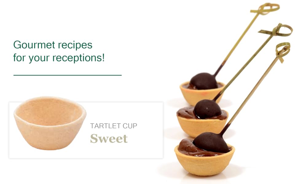 A set of small beige tartlet cups with chocolate desserts and skewers, alongside a larger inset view of one cup labeled 'TARTLET CUP Sweet' and marketing text reading 'Gourmet recipes for your receptions!'.