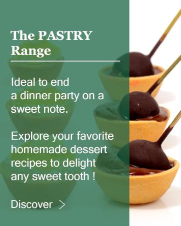 Promotional graphic for a pastry range, featuring text on a teal background and a photo of several small dessert cups filled with chocolate-covered ice cream or gelato on a white background.