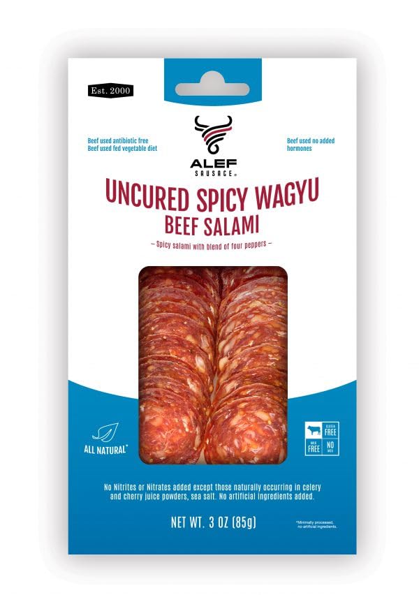 Alef Premium Uncured All Natural Grass Fed Spicy Wagyu Dry Sliced Salami Gourmet - Artisanal Charcuterie Meat Gluten Free, Paleo, Keto Friendly, MSG Free, Nitrite And Antibiotic Free - 3 oz