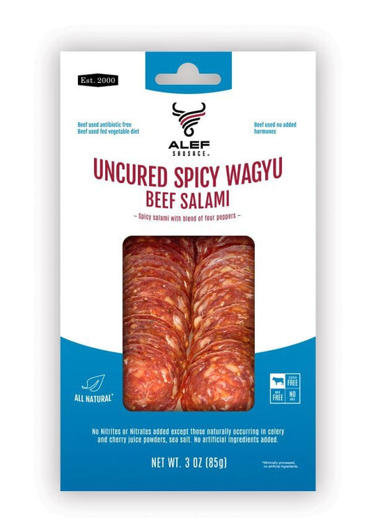 Alef Premium Uncured All Natural Grass Fed Spicy Wagyu Dry Sliced Salami Gourmet - Artisanal Charcuterie Meat Gluten Free, Paleo, Keto Friendly, MSG Free, Nitrite And Antibiotic Free - 3 oz