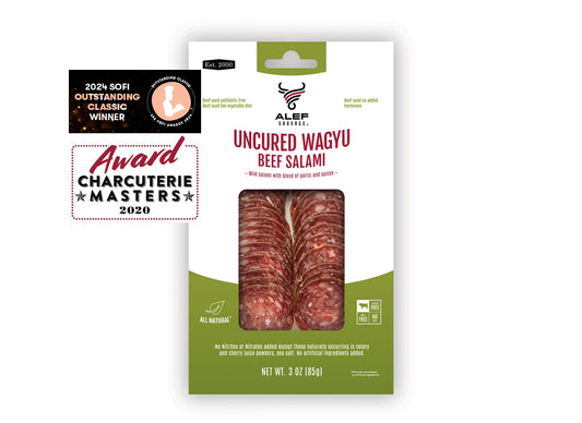 Alef Premium Uncured All Natural Fresh Grass Fed Wagyu Dry Sliced Salami Gourmet - Artisanal Charcuterie Meat Gluten Free, Paleo, Keto Friendly, MSG Free, Nitrite And Antibiotic Free - 3 oz