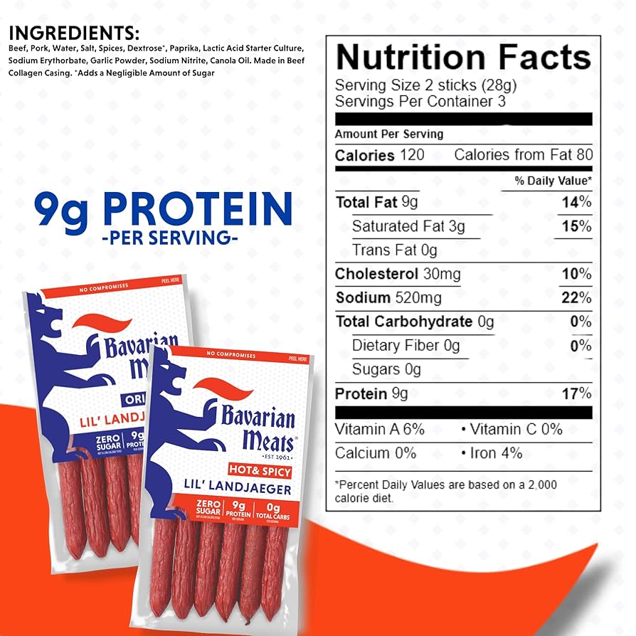 Bavarian Meats Lil' Landjaeger Meat Sticks, Smoked Sausage Protein Snacks, Zero Sugar, Great Source of Protein, Gluten Free, Keto Friendly Low Carb Snack, 10 oz