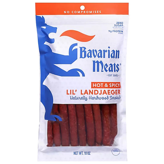 Bavarian Meats Hot & Spicy Lil' Landjaeger Meat Sticks, Smoked Sausage Protein Snacks, Zero Sugar, Great Source of Protein, Gluten Free, Keto Friendly Low Carb Snack, 10 oz