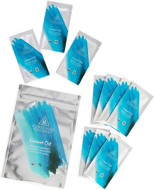 Conscious Coconut Individual Coconut Oil Packets, Certified Organic, Fair Trade Travel Coconut Oil Packets, Raw - 10 packets