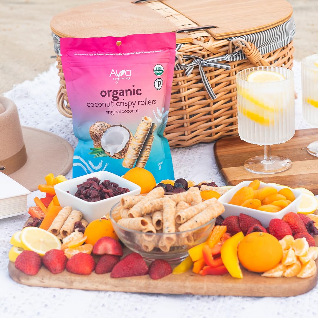 Original Coconut Crispy Rollers, Ava Organics - Lightly Sweetened Baked Coconut Crisps Pack of 8 - Gluten Free, Non-GMO, Kosher, Vegetarian
