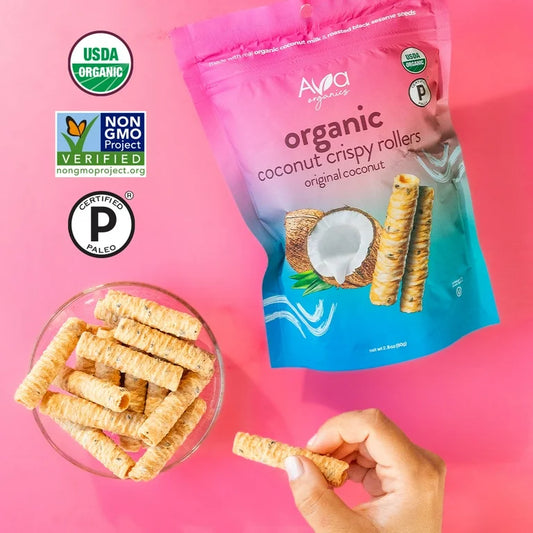 Original Coconut Crispy Rollers, Ava Organics - Lightly Sweetened Baked Coconut Crisps Pack of 8 - Gluten Free, Non-GMO, Kosher, Vegetarian