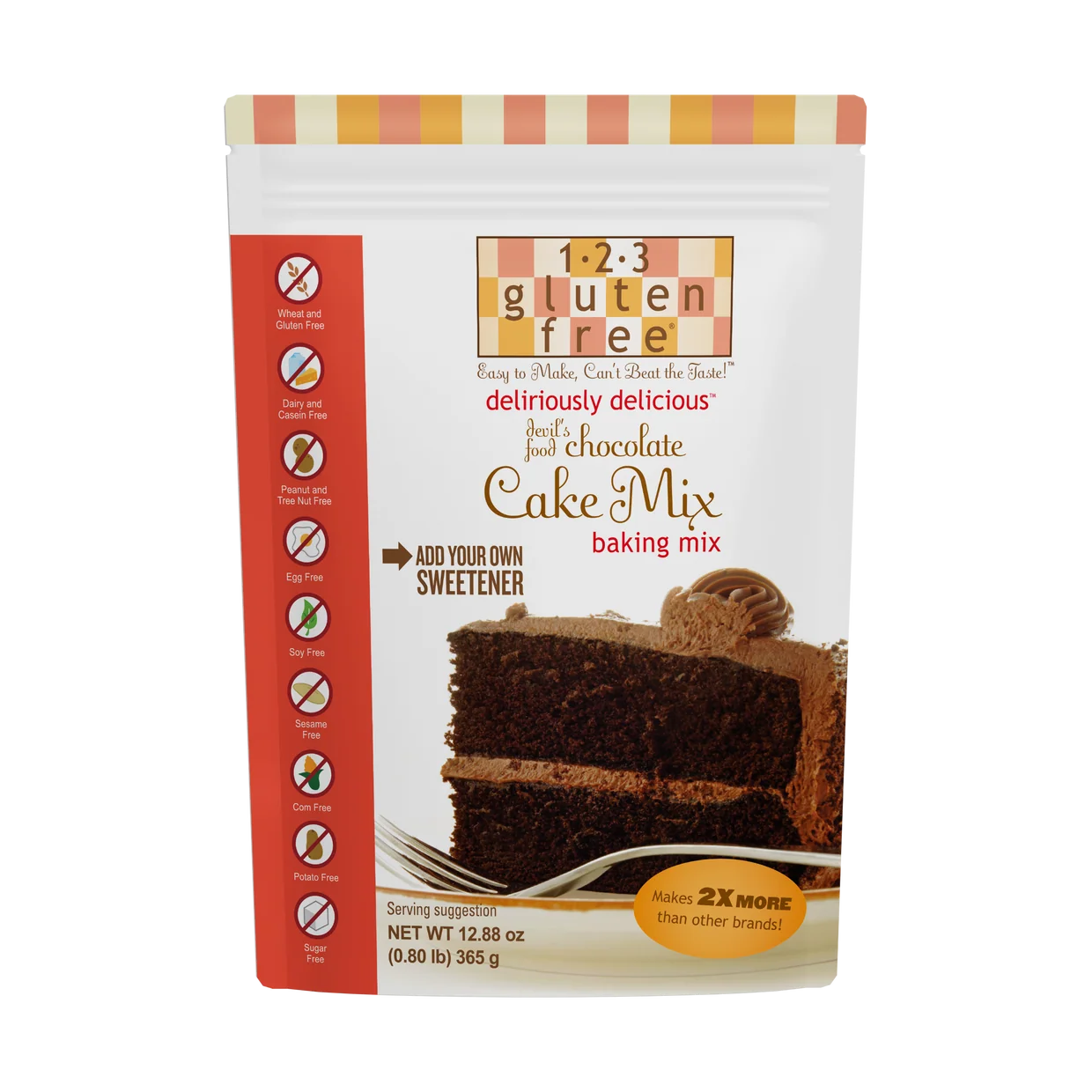 A stand-up pouch of gluten-free food and chocolate cake mix baking mix, featuring a white and orange design with a photo of a chocolate cake on the front.