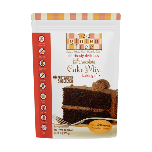 A stand-up pouch of gluten-free food and chocolate cake mix baking mix, featuring a white and orange design with a photo of a chocolate cake on the front.