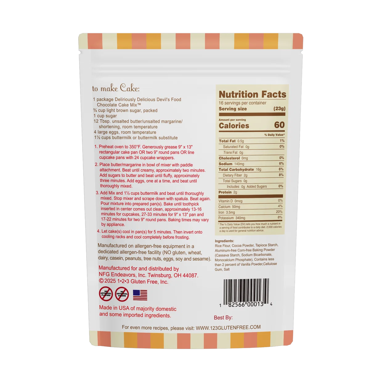 Back of a 3 oz bag of Nut & Co Gluten Free Flour, showing the recipe instructions, nutrition facts, ingredients, and barcode on a white background.
