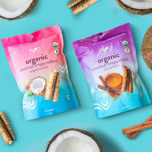 Cinnamon Coconut Crispy Rollers, Ava Organics - Lightly Sweetened Baked Coconut Crisps Pack of 8 - Gluten Free, Non-GMO, Kosher, Vegetarian