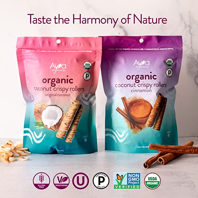 Original Coconut Crispy Rollers, Ava Organics - Lightly Sweetened Baked Coconut Crisps Pack of 8 - Gluten Free, Non-GMO, Kosher, Vegetarian