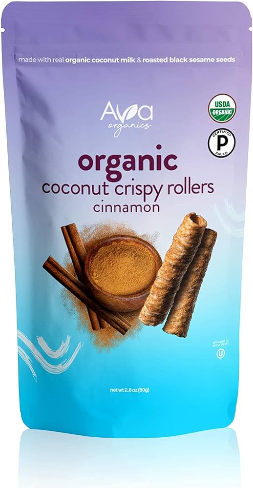 Cinnamon Coconut Crispy Rollers, Ava Organics - Lightly Sweetened Baked Coconut Crisps Pack of 8 - Gluten Free, Non-GMO, Kosher, Vegetarian
