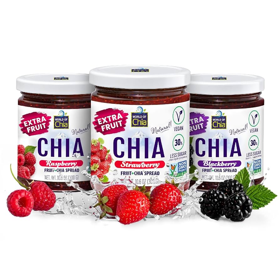 World of Chia Gourmet Variety Jam with Agave Nectar, No Added Pectin – Blackberry, Strawberry & Raspberry. Low Glycemic, Gluten-Free, Vegan, with Organic Chia Seeds, Chia Jelly - Pack of 3