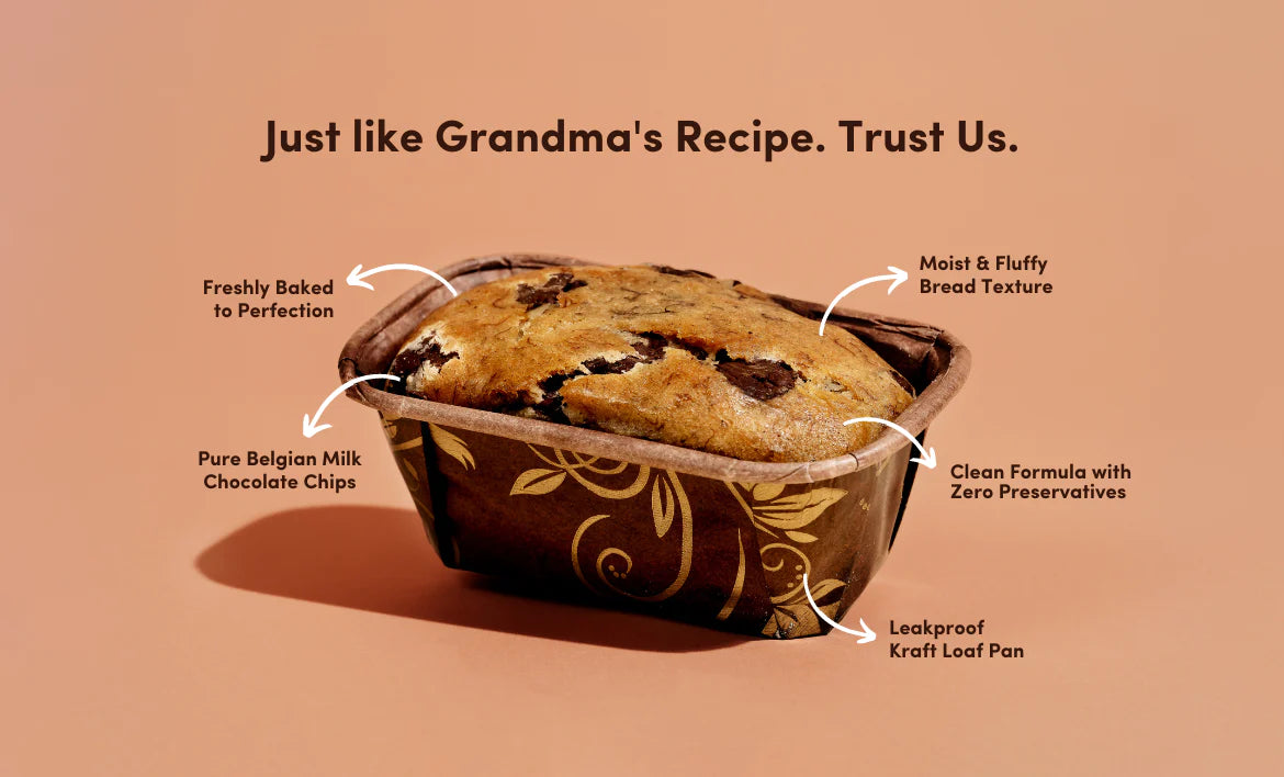 Gourmet Banana Bread, Baked Fresh for Each Order, Made with Belgian Chocolate Chips, Individually Wrapped to Arrive Soft & Moist - Pack of 6