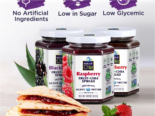 World of Chia Gourmet Variety Jam with Agave Nectar, No Added Pectin – Blackberry, Strawberry & Raspberry. Low Glycemic, Gluten-Free, Vegan, with Organic Chia Seeds, Chia Jelly - Pack of 3