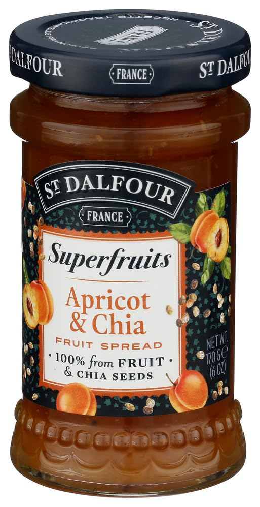 St. Dalfour Superfruits Apricot & Chia Fruit Spread - 6 oz - 100% from Fruit, Gluten-Free, No Artificial Ingredients, Non-GMO, All Natural, Made in France - Pack of 2