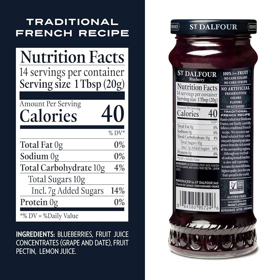 St. Dalfour Blueberry Fruit Spread - 10oz - 100% from Fruit, No Artificial Ingredients, Non-GMO, No Cane Sugars, All Natural, Made in France - Pack of 2