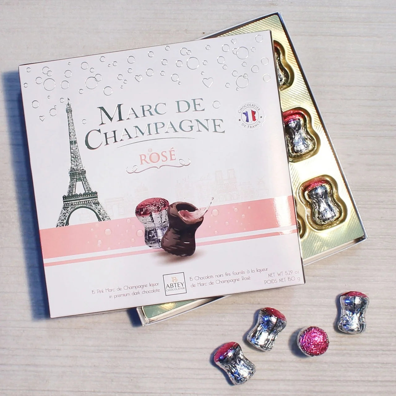 Abtey Cork-Shaped Dark Chocolates with Marc de Champagne Rosé 150g