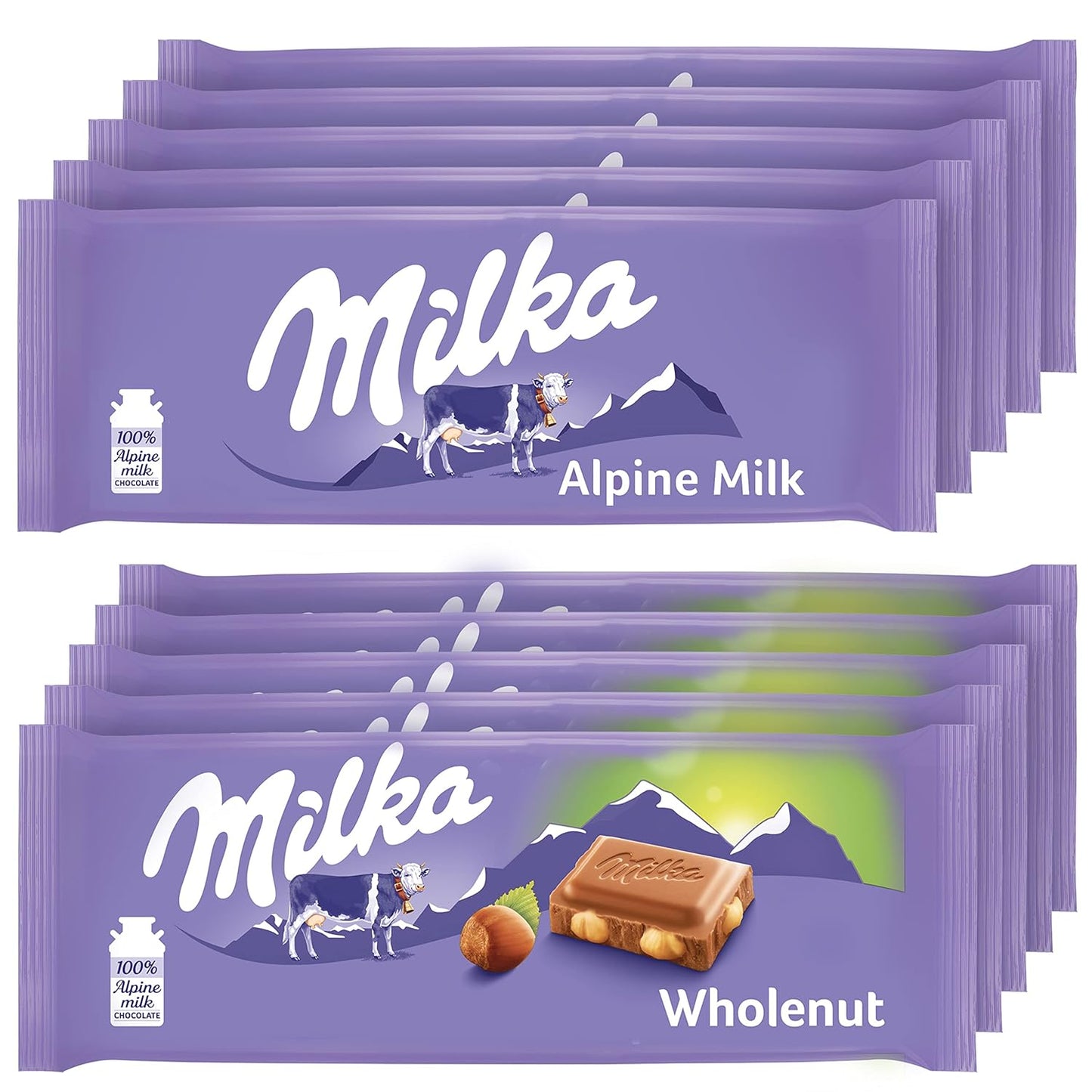 Milka European Chocolate Bars Variety Pack, Alpine Milk Chocolate & Wholenut Hazelnut Chocolate, 3.52 oz - 10 Bars